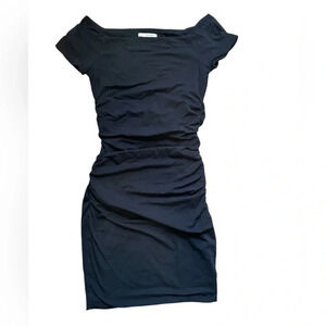 Boden Off Shoulder Ruched Dress 6R Black Stretch Bodycon Above Knee